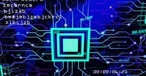 Image of data processing and world map on black background Illustrazione stock