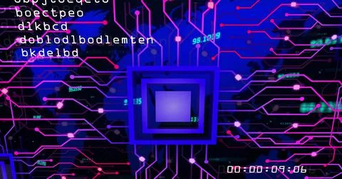 Image of data processing and world map on black background Illustrazione stock