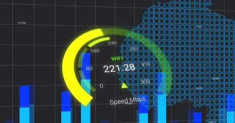 Image of data processing and world map over speedometer Ilustração Stock