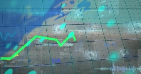 Image of data processing and world map over cityscape Stock Illustration