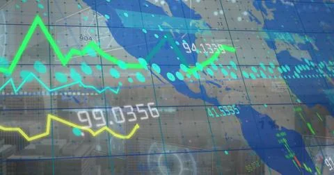 Image of data processing and world map over cityscape Illustrazione stock