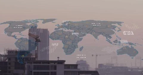 Image of data processing and world map against aerial view of construction site Illustrazione stock