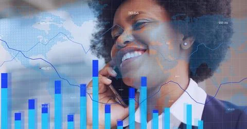 Image of data processing and world map over african american woman using Stock Illustration