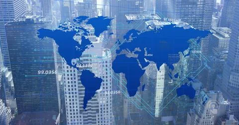 Image of data processing and world map over cityscape 스톡 일러스트