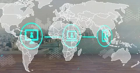 Image of data processing and world map over cityscape イラスト素材