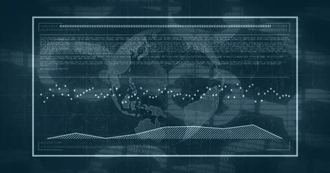 Image of data processing and world map over dark background Illustrazione stock