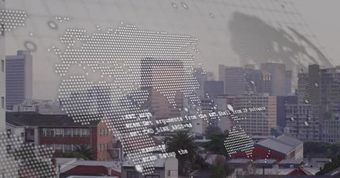 Image of data processing and world map over cityscape Illustrazione stock