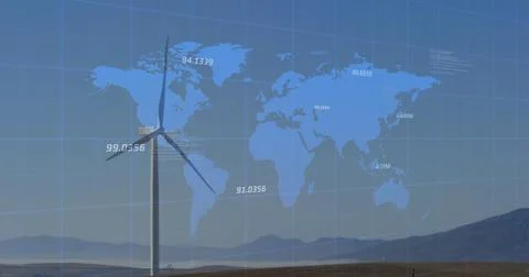 Image of data processing and world map over windmill Illustrazione stock