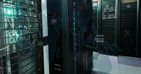 Image of data processing and world map over server room Stock Illustration