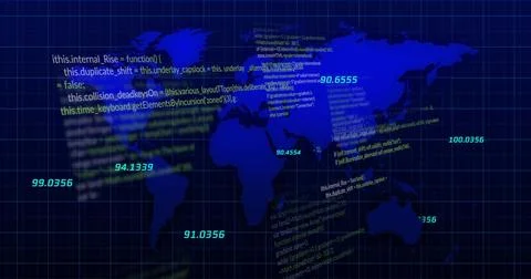 Image of data processing and world map over black background 스톡 일러스트