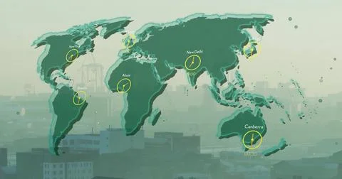 Image of data processing and world map over cityscape Stock Illustration