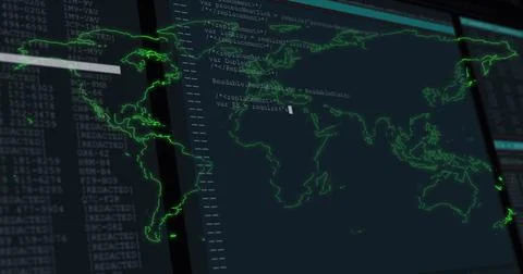 Image of data processing and world map over black background Illustrazione stock