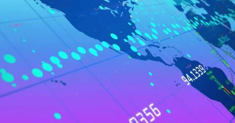 Image of data processing and world map on blue background Stock Illustration