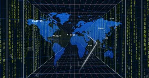 Image of data processing and world map over digital tunnel 스톡 일러스트
