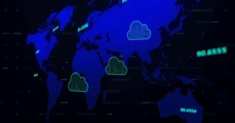 Image of data processing and world map over digital clouds Stock Illustration
