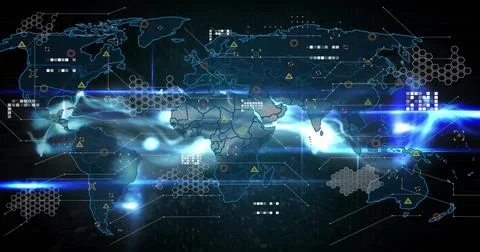 Image of data processing and world map over lights on black background Illustrazione stock