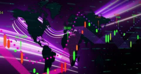 Image of data processing and world map over light trails on purple background Ilustração Stock