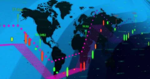 Image of data processing and world map over blue lines on black background 스톡 일러스트