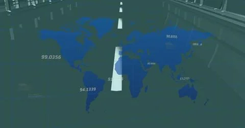 Image of data processing and world map over digital road Stock Illustration
