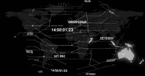 Image of data processing and world map on black background Stock Illustration