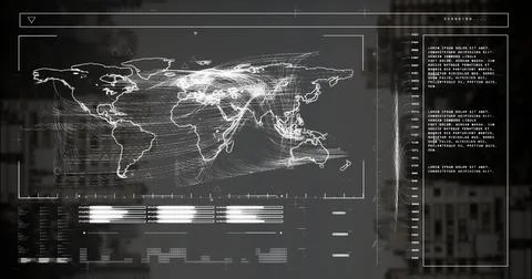Image of data processing and world map over cityscape background 스톡 일러스트
