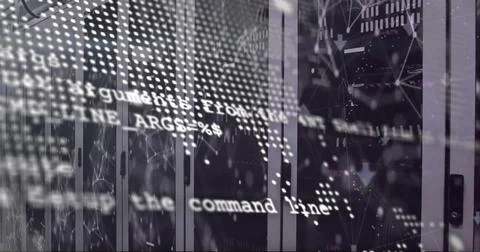 Image of data processing and world map over shapes and server room Stockillustratie