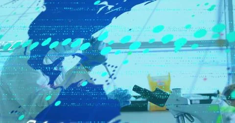 Image of data processing and world map over caucasian male scientist in lab 스톡 일러스트