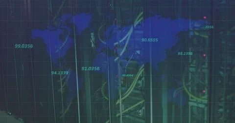Image of data processing and world map with cables of computer servers Stock Photos