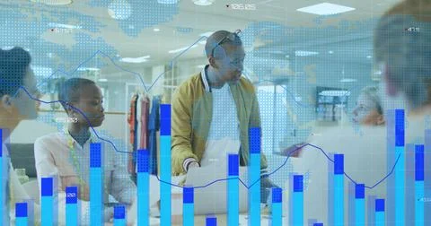 Image of data processing and world map over diverse business people at office Stock Photos