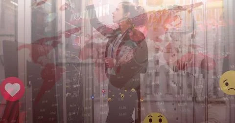 Image of data processing and world map over caucasian female worker in server Stock Photos