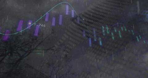 Image of data processing and world map over rain falling against tall building Stock Photos