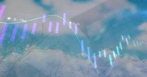 Image of data processing and world map over tall building against clouds in the Fotos de archivo