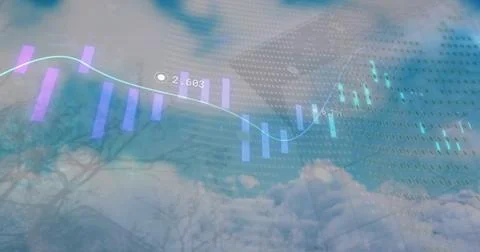 Image of data processing and world map over tall building against clouds in the Fotos de archivo