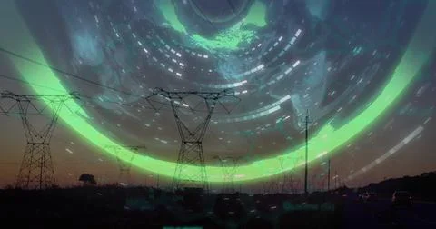 Image of data processing and world map over electricity pylons 스톡 사진