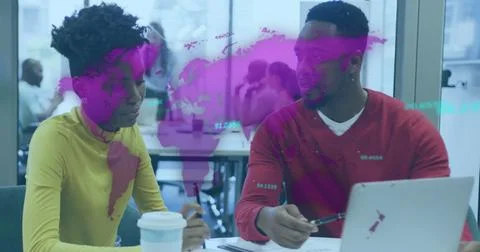 Image of data processing and world map over african american business peopl.. Fotos Stock