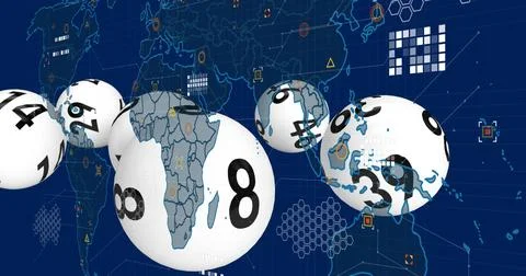 Image of data processing and world map over balls with numbers Stock Photos