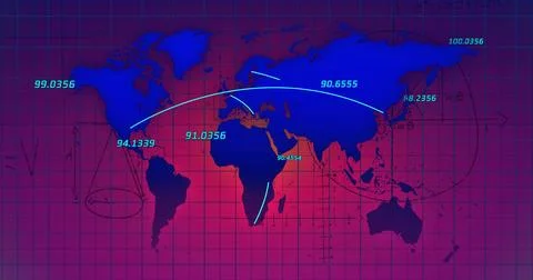 Image of data processing and world map over pink background Stock Photos
