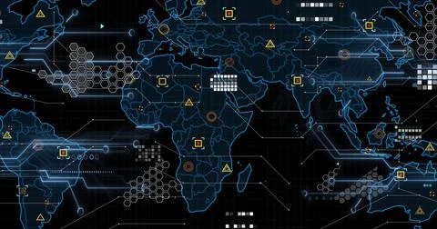 Image of data processing and world map over dark background 写真素材