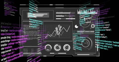 Image of data processing and world map over dark background Foto stock