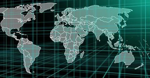 Image of data processing and world map over black background Stock Photos