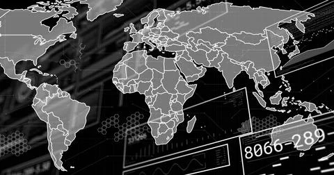 Image of data processing and world map over black background Stockfoto's