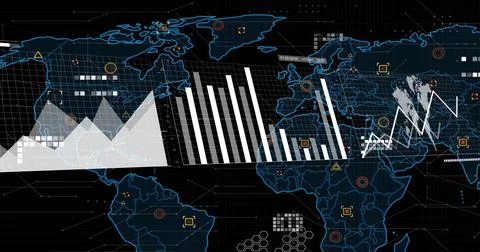 Image of data processing and world map over black background 写真素材