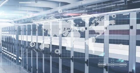 Image of data processing and world map over computer servers Foto stock