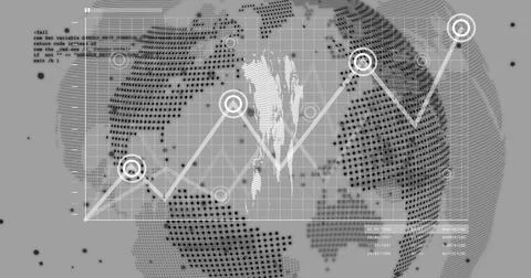 Image of data processing and world map over globe on grey background Stock Photos