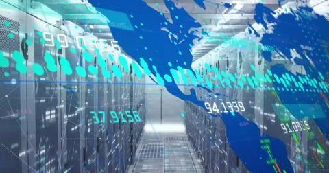 Image of data processing and world map over server room Stock Photos