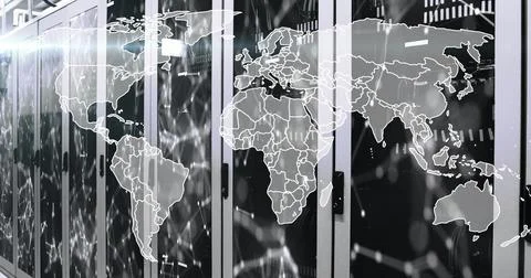 Image of data processing and world map over computer servers 스톡 사진