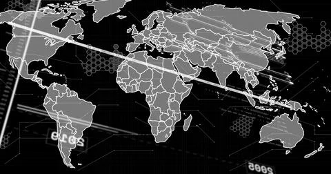 Image of data processing and world map on black background Foto stock