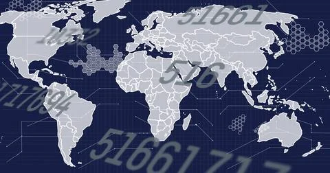 Image of data processing and world map on blue background 写真素材