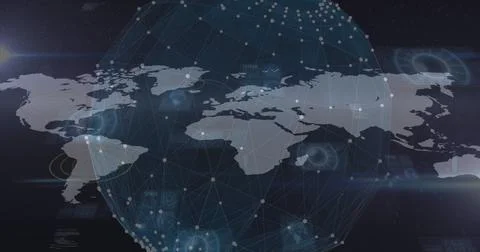 Image of data processing and world map over black background 스톡 사진