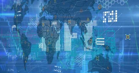 Image of data processing and world map over blue background Stock Photos